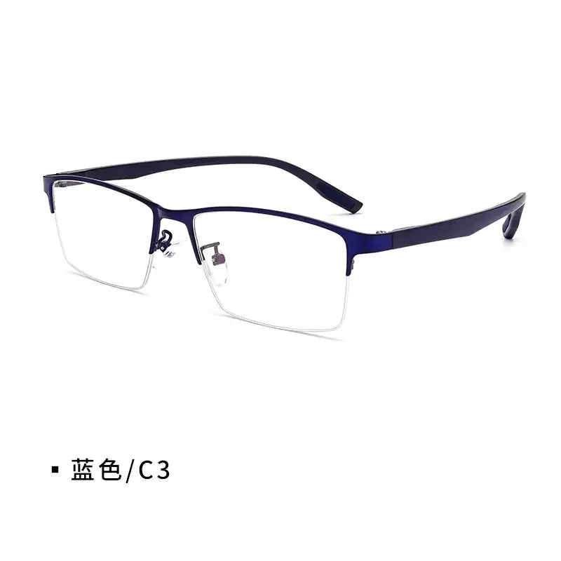 Blue rectangular metal-framed reading glasses with clear lenses.