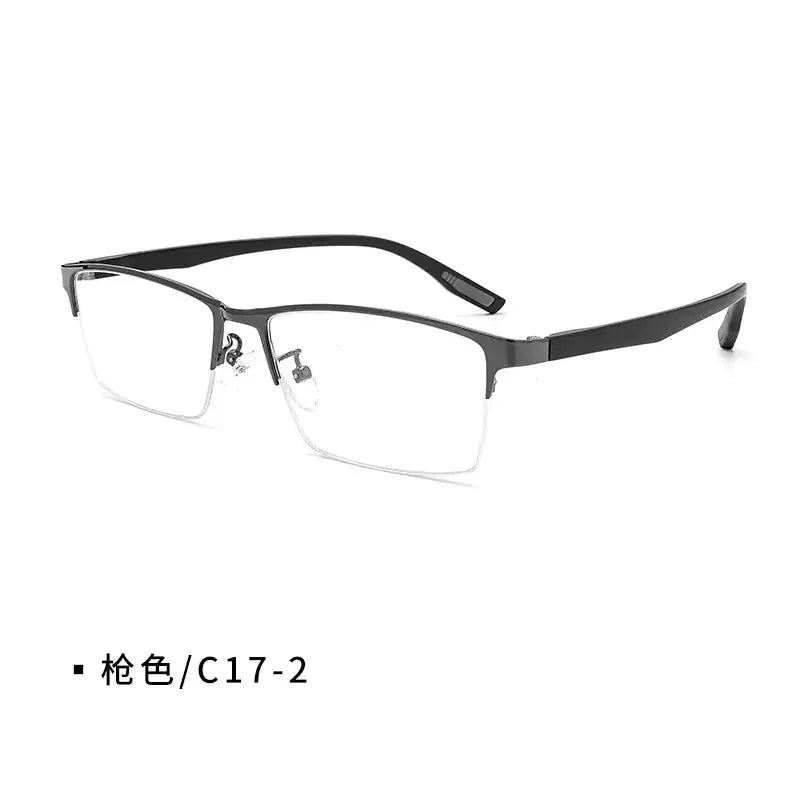 Black metal-framed rectangular eyeglasses with clear lenses and a sleek, modern design.