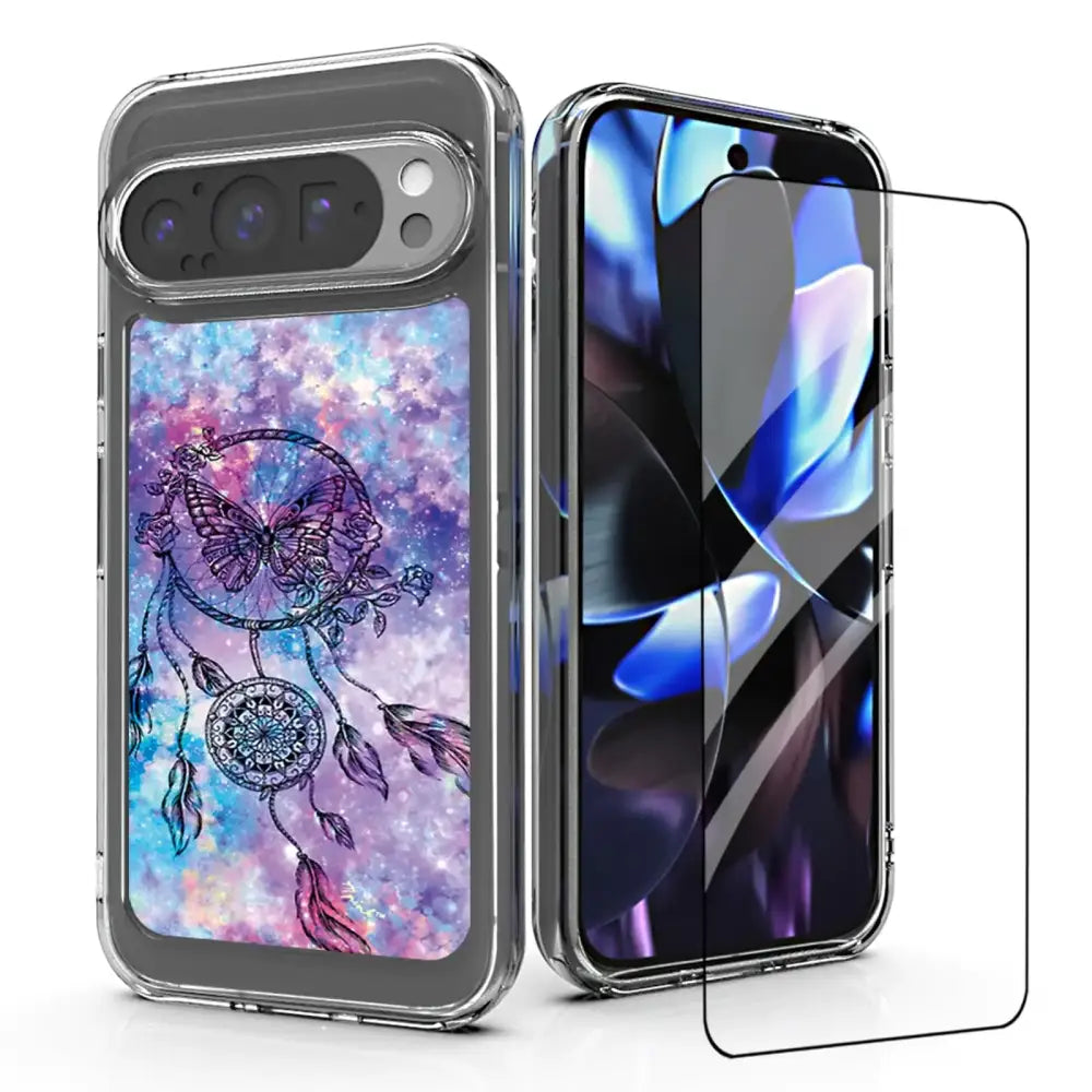 DDTKZC for Google Pixel 9 Pro XL Phone Case Tempered Glass Protector Lustre Pattern Shockproof Phone Case (Purple for Google Pixel 9 Pro XL)