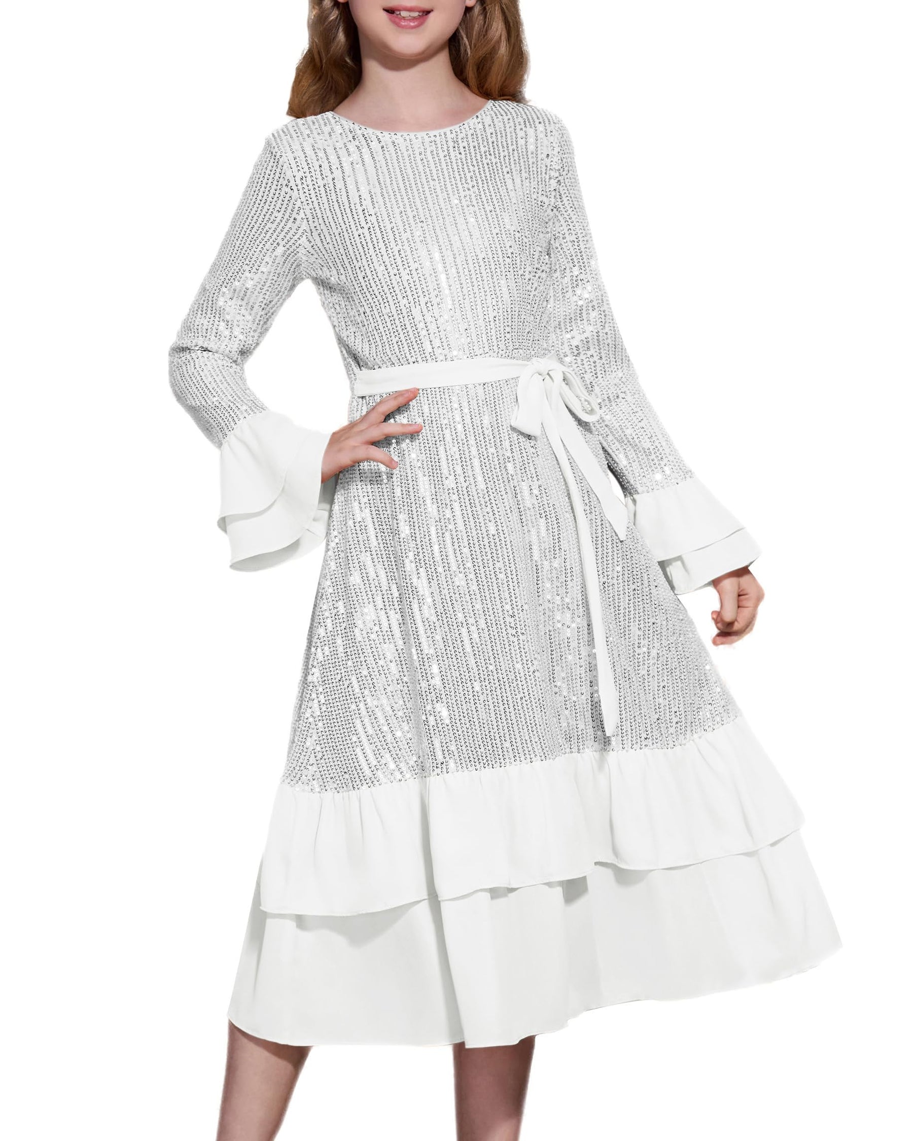 GRACE KARIN Girls Party Formal Dress Sequin Sparkle Long Sleeve Birthday Pageant Dress Fancy Maxi Dress Size 7 Silver