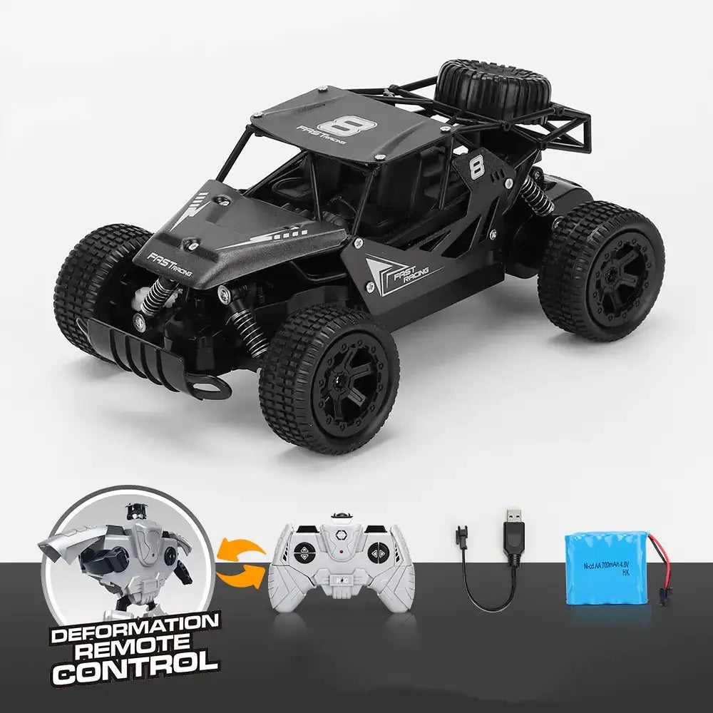 Black remote-controlled off-road racing truck with rugged tires and a sleek, angular design featuring ’first racing’ branding.