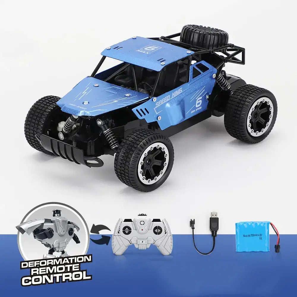 Blue and black remote-controlled off-road racing truck with rugged tires, a reinforced chassis, and ’speed king’ branding on the side.