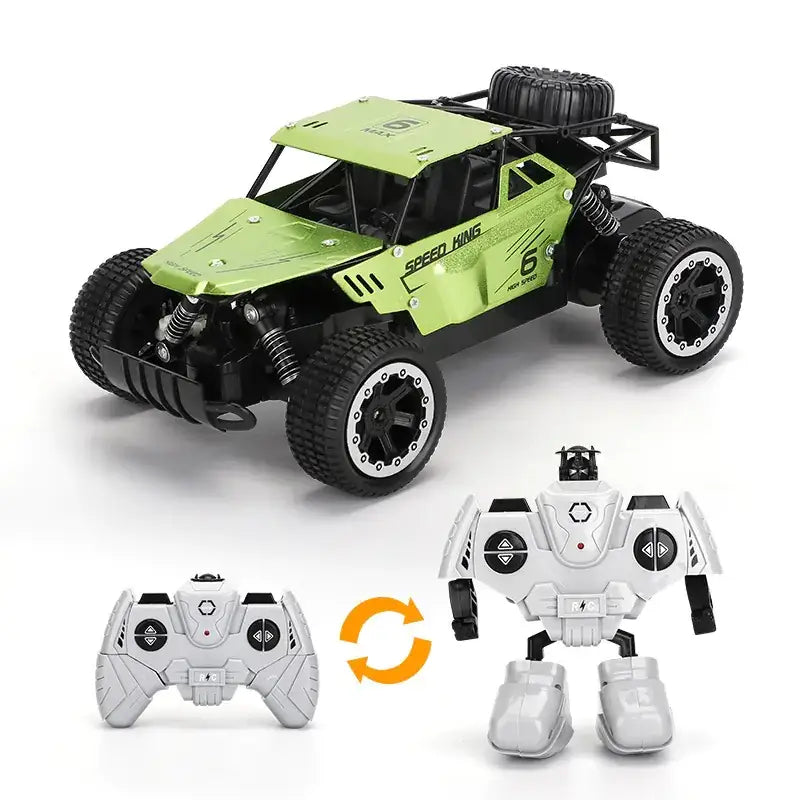 Green and black remote-controlled off-road vehicle that transforms into a white robot.