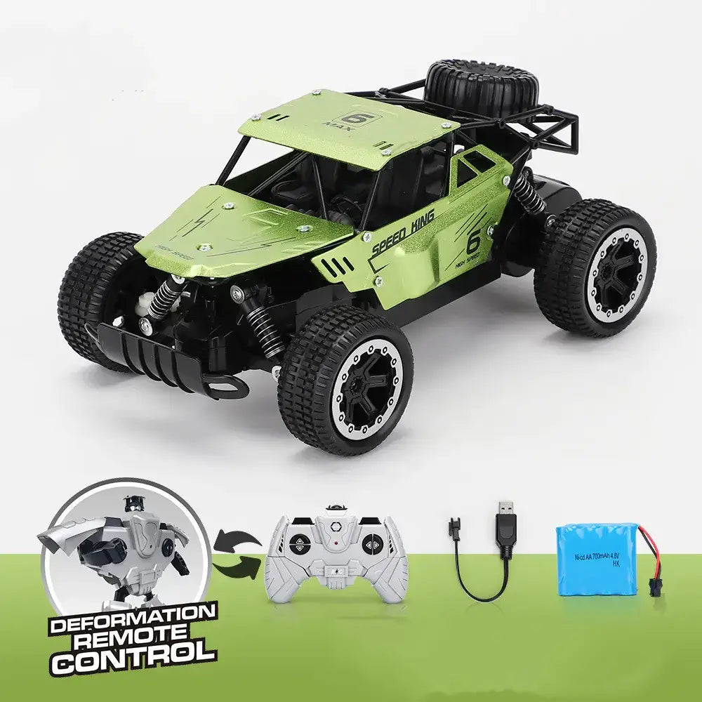 Green and black remote-controlled off-road racing truck with rugged tires, a reinforced chassis, and ’speed king’ branding on the side.