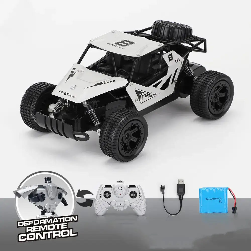 White and black remote-controlled off-road racing truck with ’fast racing’ branding, rugged tires, and a变形 (deformation) feature shown transforming into a robot.