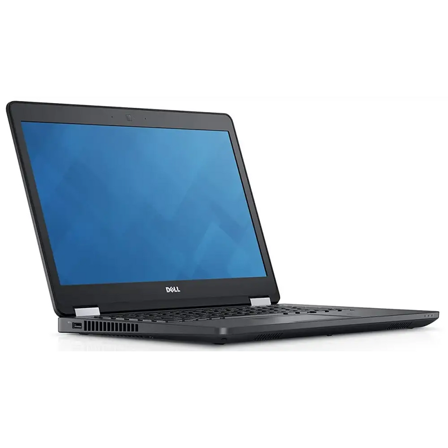 Black dell laptop with a sleek, minimalist design and a blue screen displaying abstract geometric patterns.