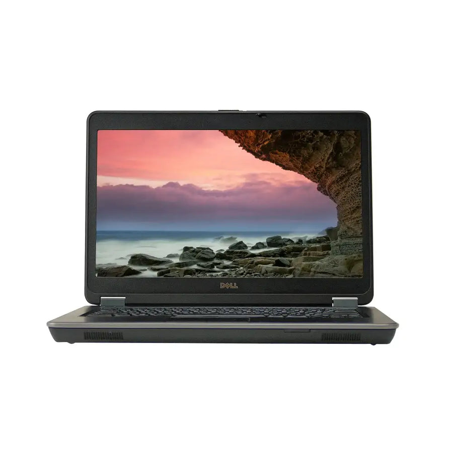 Black dell laptop with a sleek, matte finish and a vibrant sunset seascape displayed on its screen.