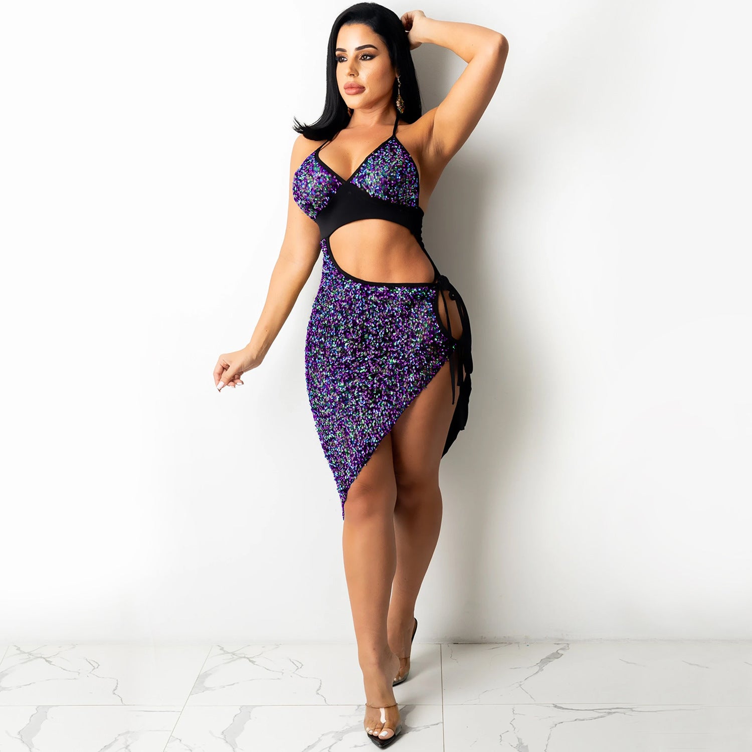 HTH Sequin Halter Lace-up Dress with Cut-out Slit