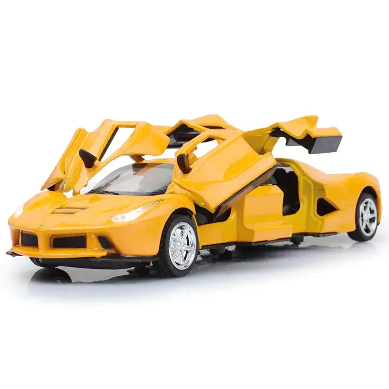 Bright yellow die-cast model of a ferrari laferrari with scissor doors open.