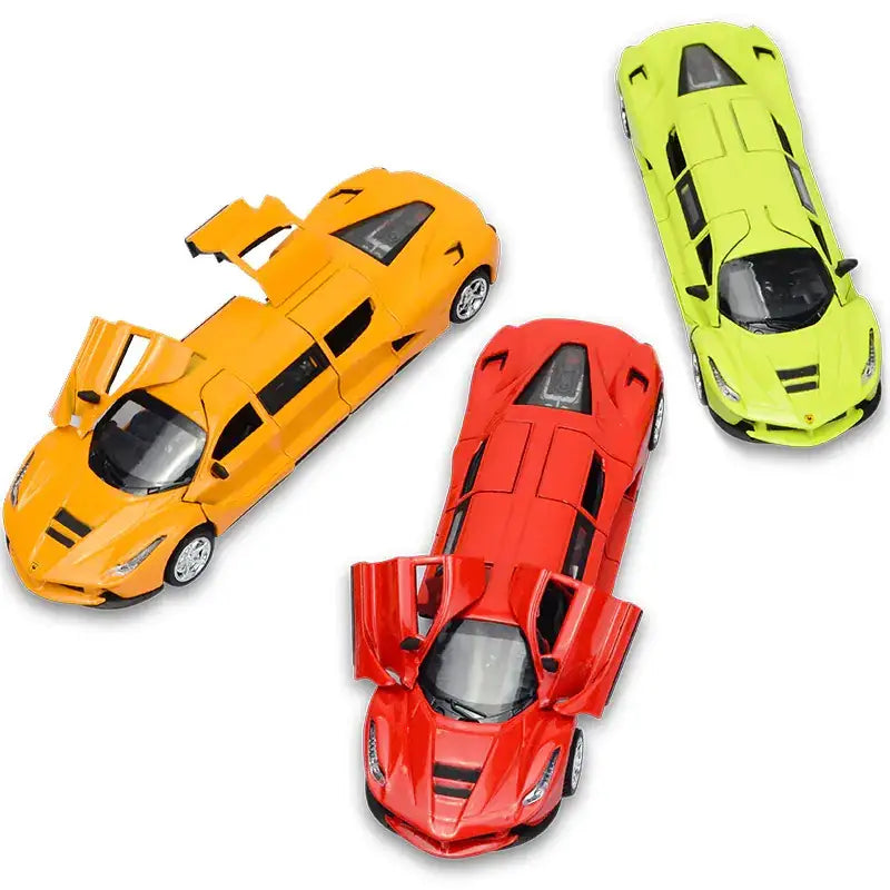 Three vibrant die-cast lamborghini sports car models in orange, red, and lime green.