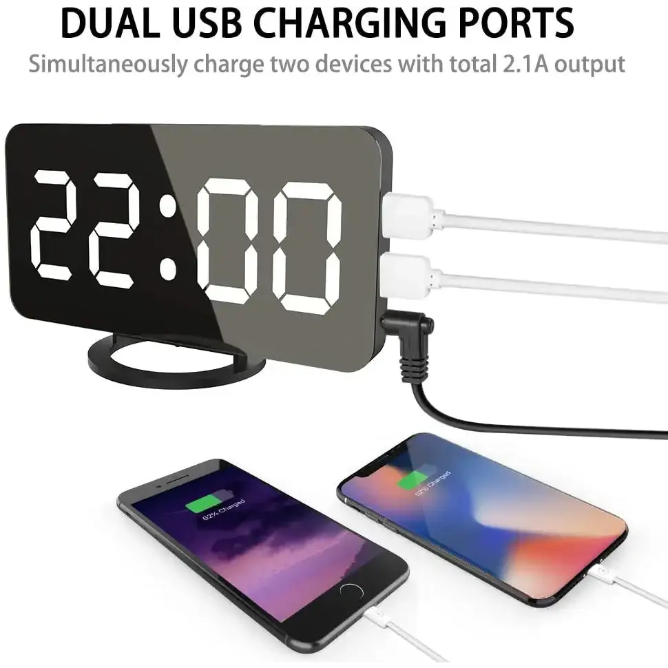 Black digital clock with dual usb charging ports, displaying 22:00 on its illuminated screen.