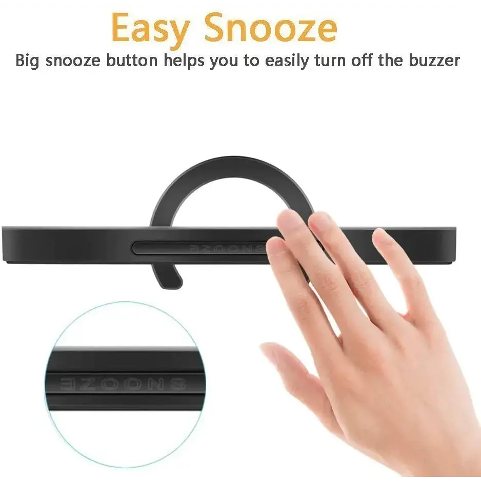 Black easy snooze alarm clock with a sleek, minimalist design and a prominent snooze button for easy buzzer control.
