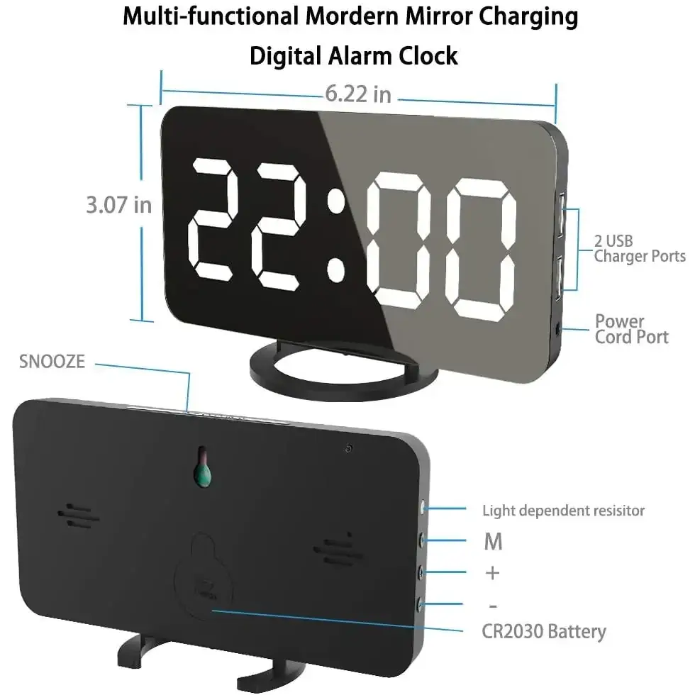 Black digital alarm clock with a mirror surface and led display showing 22:00, featuring two usb charging ports on the side.