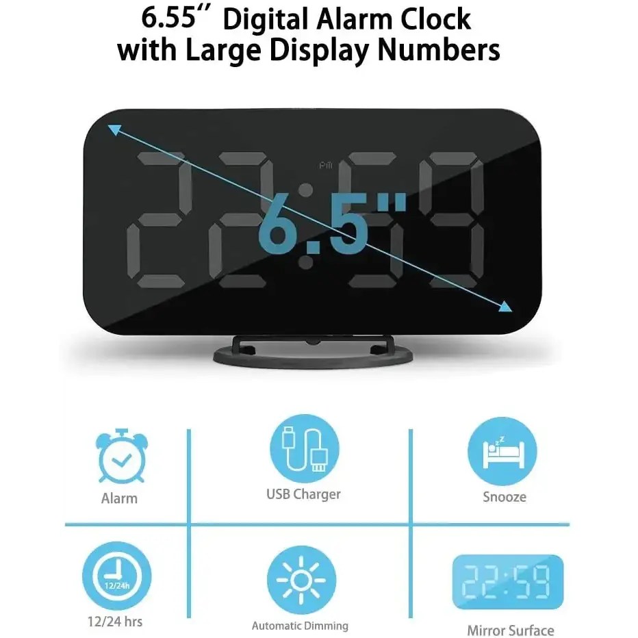 Black digital alarm clock with a sleek, rectangular design and large blue led display numbers.