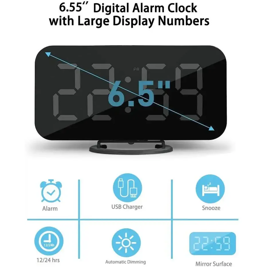 Black digital alarm clock with a sleek, rectangular design and large blue led display numbers.