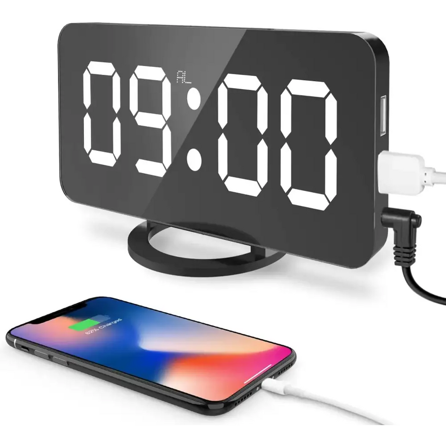 Black digital alarm clock with a sleek, glossy finish and illuminated white led numbers displaying 09:00.