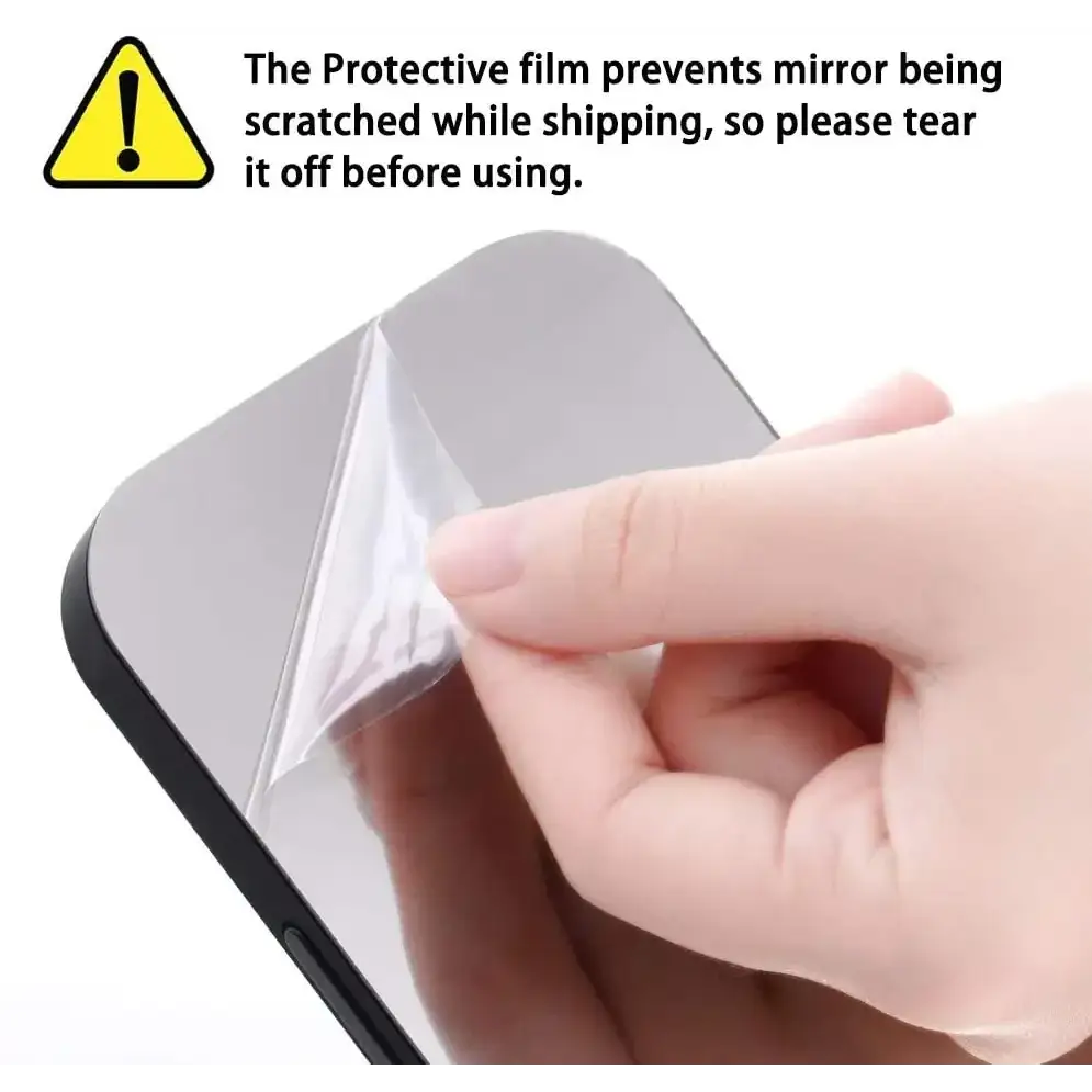 A sleek, silver-toned mirror with a black bezel and a protective film being peeled off by hand.