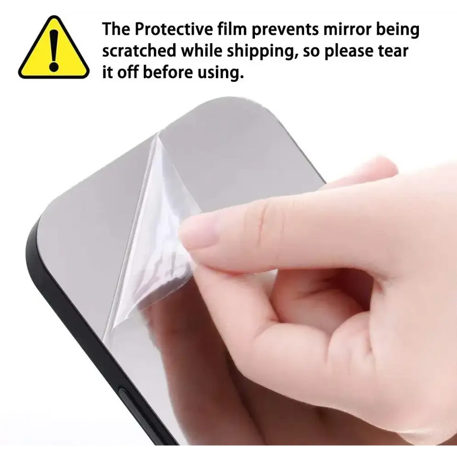 A sleek, silver-toned mirror with a black bezel and a protective film being peeled off by hand.
