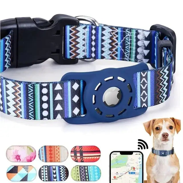 Blue patterned dog collar with a blue silicone tracker featuring an apple logo cutout.