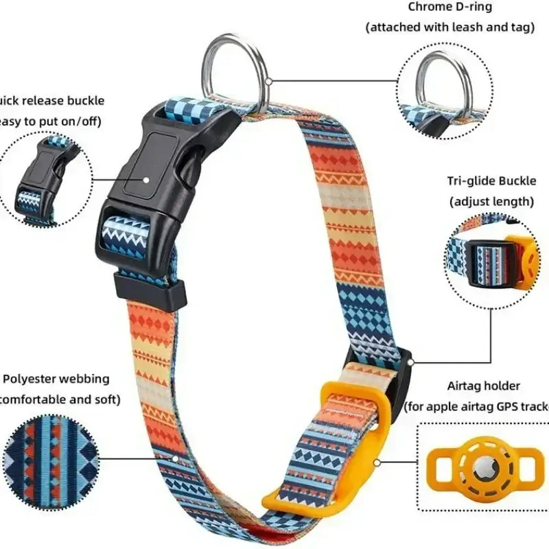A colorful dog collar with a geometric pattern in shades of orange, blue, and beige on polyester webbing.