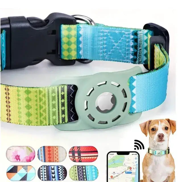 A vibrant, patterned dog collar with a light green and blue woven fabric featuring geometric designs, secured by black plastic buckles and fitted with an apple airtag tracker.