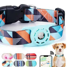 A light blue silicone tracker with a circular design and an apple logo cutout, attached to a patterned dog collar featuring geometric shapes in orange, teal, black, and white.