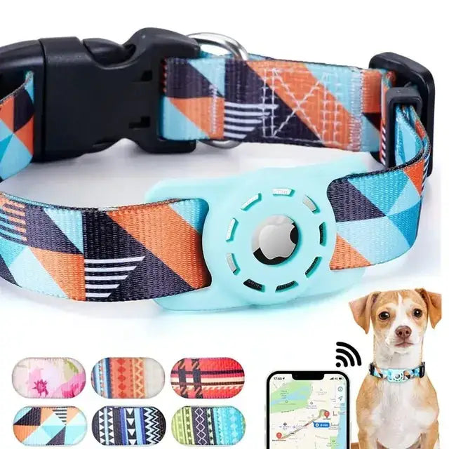 A turquoise geometric-patterned dog collar with a black plastic buckle and an integrated pet tracker.