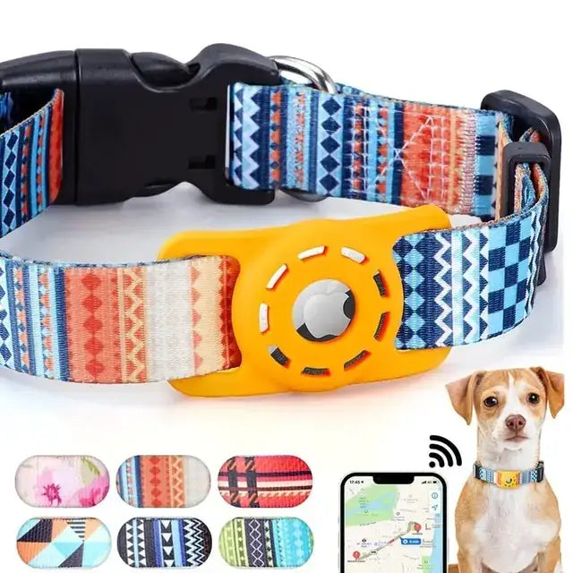A vibrant, patterned dog collar with a bright yellow tracking device attached.