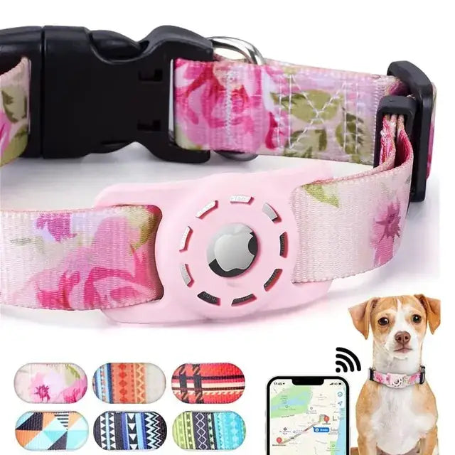 Pink floral-patterned dog collar with a pink plastic tracker module featuring an apple logo and ventilation slots.