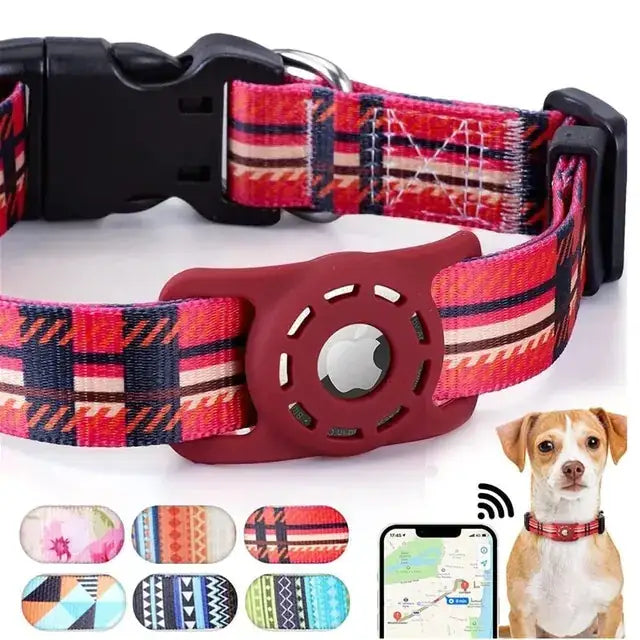 Red plaid dog collar with black plastic buckle and a matching red circular tracker attachment.