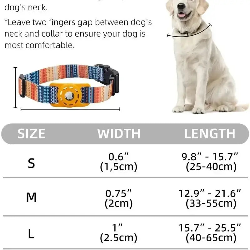 A vibrant, patterned dog collar with a yellow rectangular buckle and black plastic hardware.
