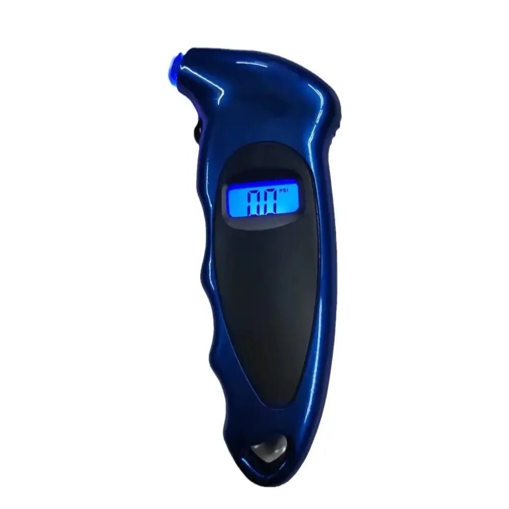 Blue digital tire pressure gauge with a sleek, ergonomic design and a glowing blue display screen.