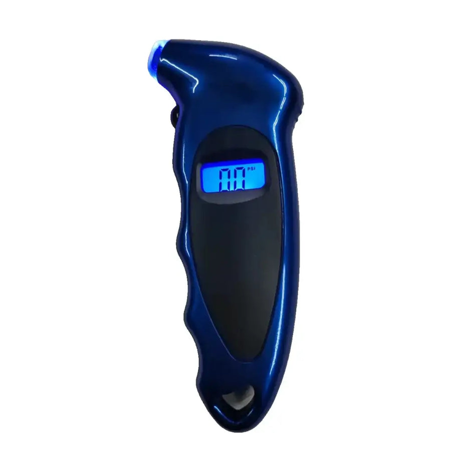 Blue digital tire pressure gauge with a sleek, glossy finish and black grip area.