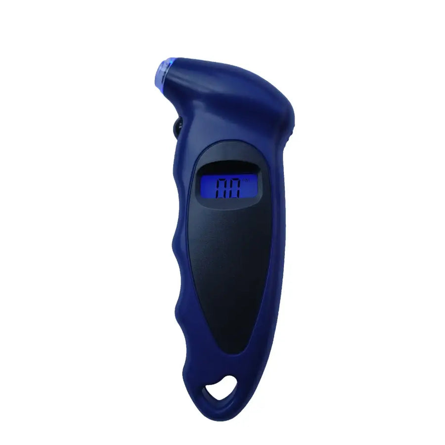 Blue digital tire pressure gauge with a sleek, ergonomic design and a small hole at the bottom for hanging.