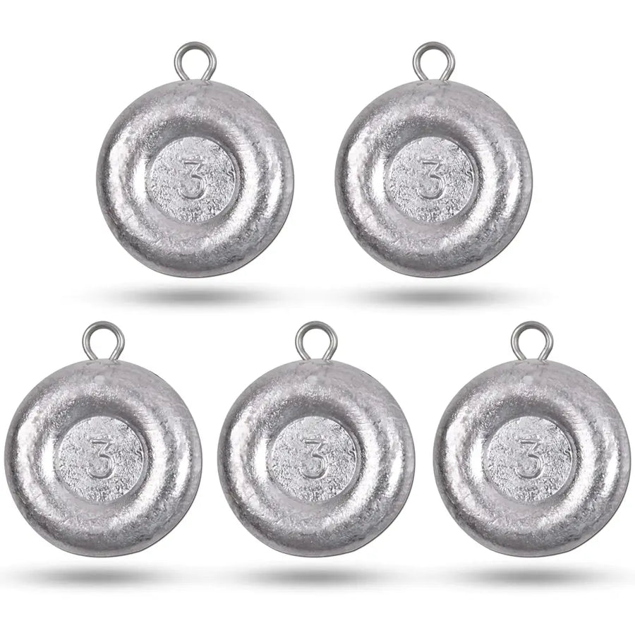 Silver-colored, circular fishing sinkers with a textured surface and embossed number ’3’’ in the center.