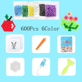 Six-color 600-piece bead set for crafting, featuring blue, green, yellow, white, black, and purple translucent plastic beads.