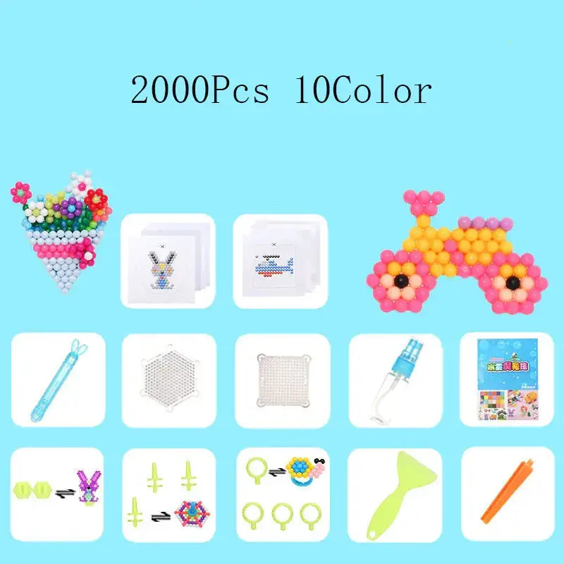 A colorful 2000-piece perler bead kit featuring ten vibrant colors, including a floral bouquet and a yellow scooter design.
