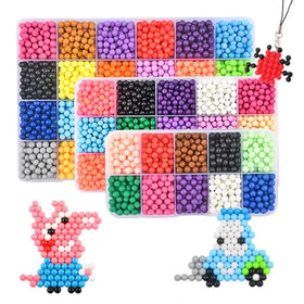 Colorful plastic bead sets arranged in organized compartments, featuring a peppa pig and car figure made from the beads.