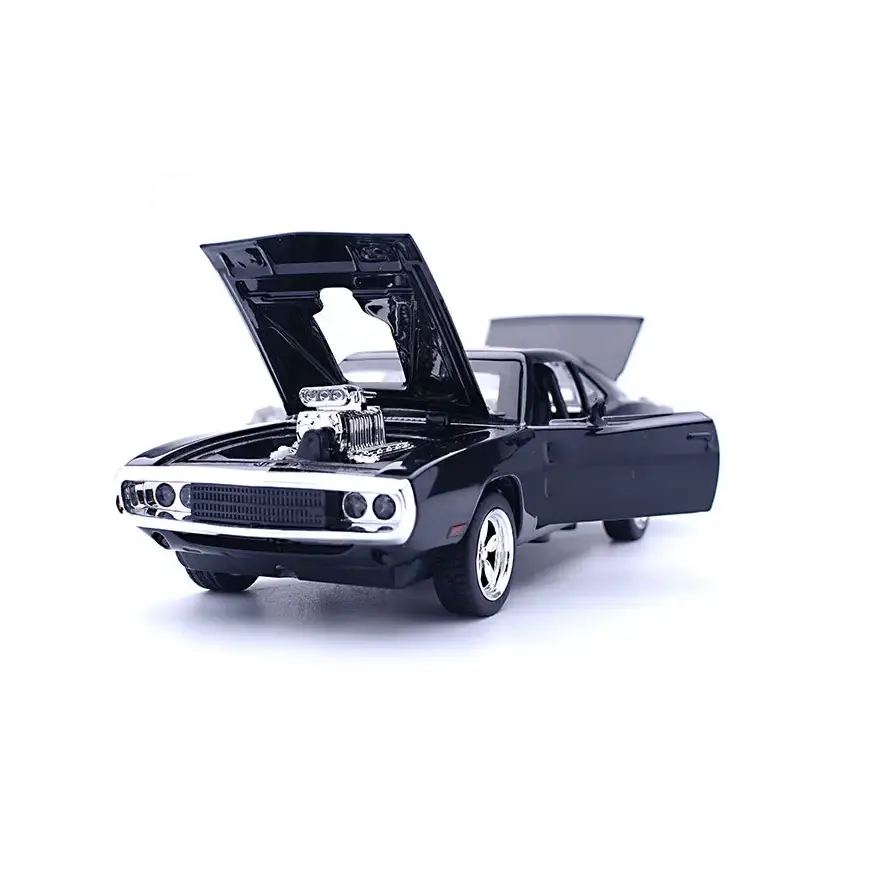 Black die-cast model of a classic muscle car with chrome engine and grille.