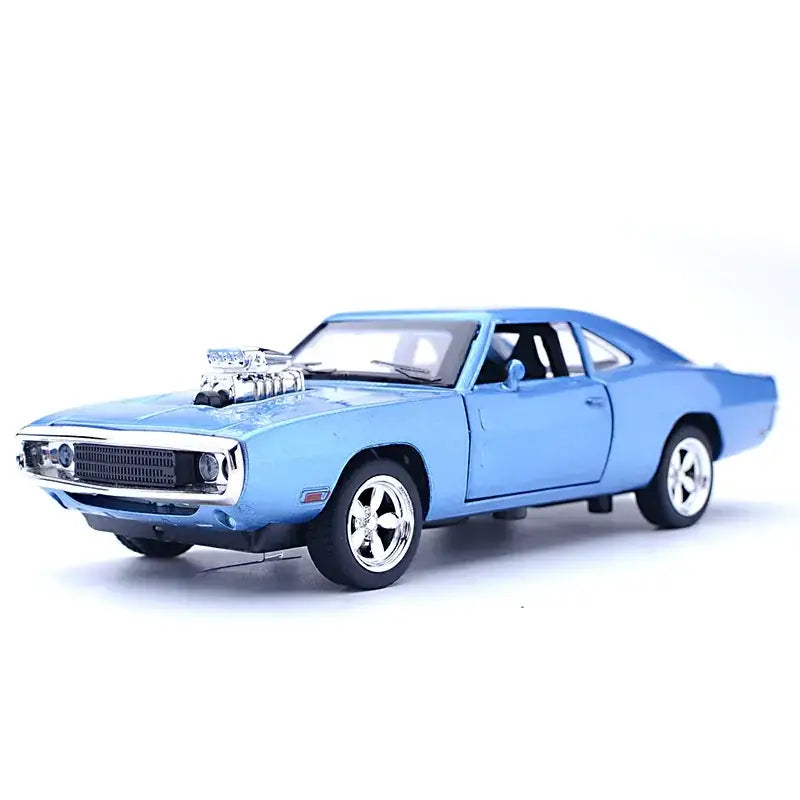 Blue die-cast model of a classic muscle car with chrome details and a prominent supercharged engine on the hood.