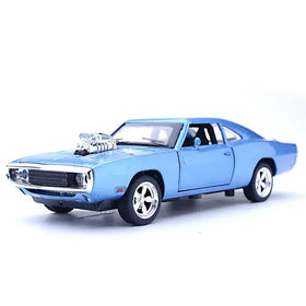 Blue die-cast model of a classic muscle car with chrome details and a prominent supercharged engine on the hood.