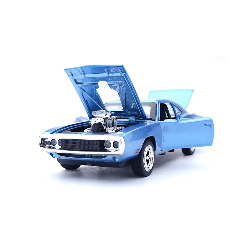Blue die-cast model of a classic muscle car with its hood and driver’s side door open, showcasing a detailed chrome engine.