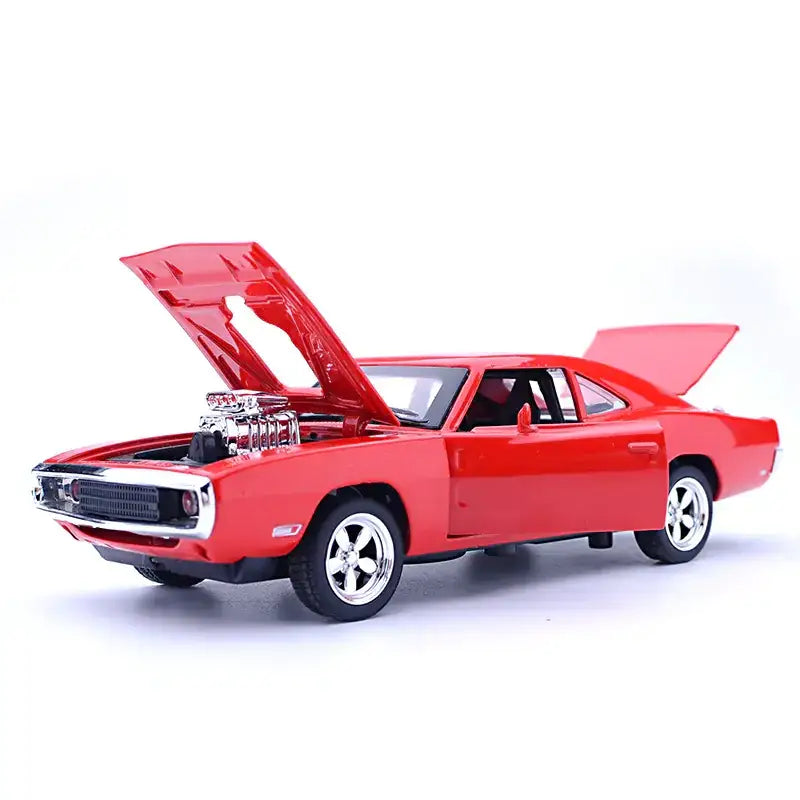 Red die-cast model of a classic muscle car with chrome engine and wheels.