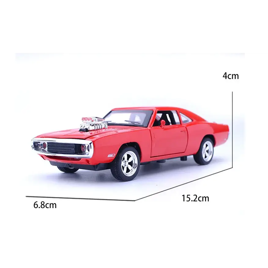 Red die-cast model of a classic muscle car with chrome accents and black tires.