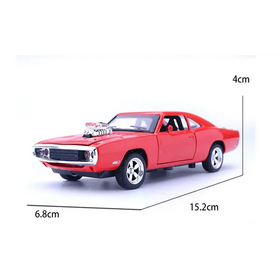 Red die-cast model of a classic muscle car with chrome accents and black tires.