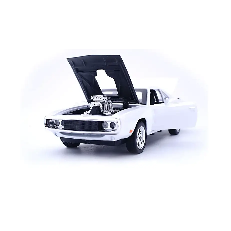 White diecast model of a classic muscle car with black hood and chrome engine.
