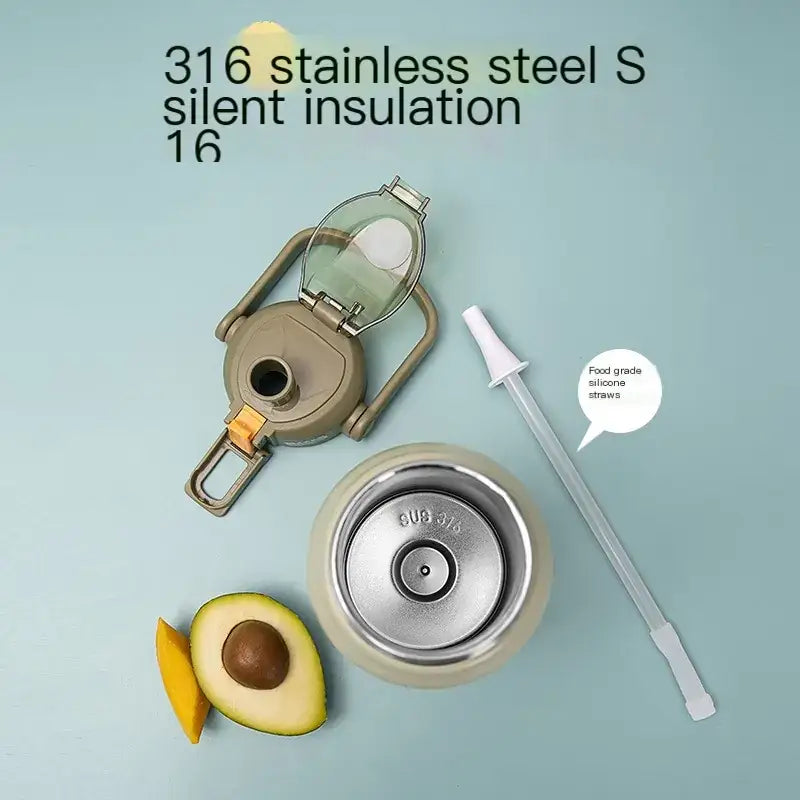 A sleek, 316 stainless steel insulated water bottle with a beige exterior and silver lid.