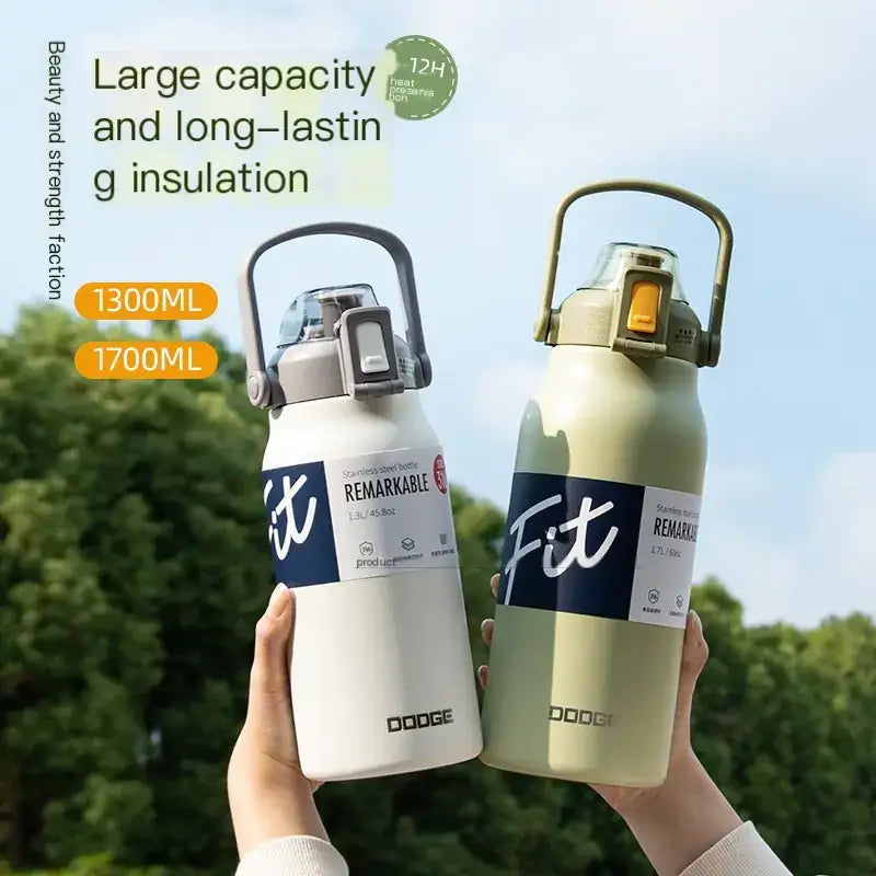 Two stainless steel water bottles, one white and one sage green, both featuring a handle, lid with spout, and branded labels reading ’fit’ by dodge.