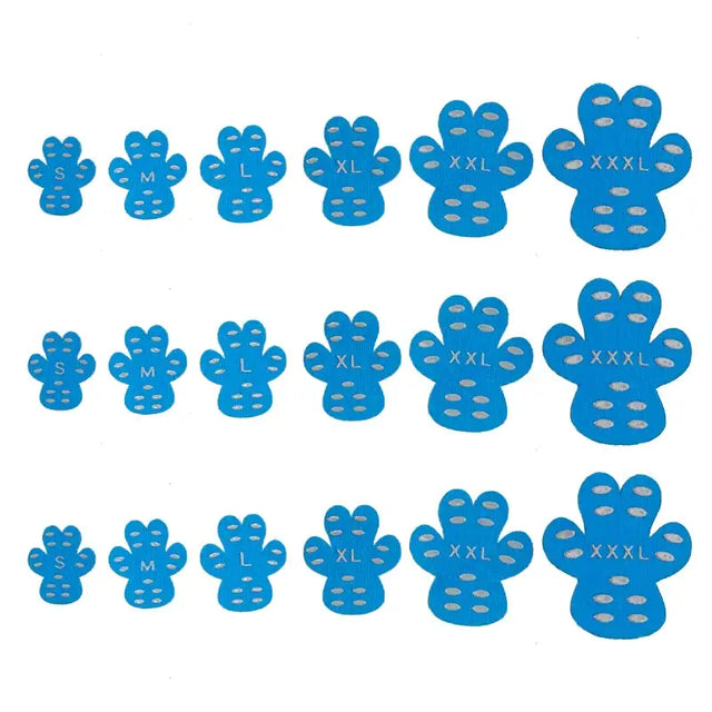 Blue paw-shaped non-slip grip pads in sizes s through xxxl.