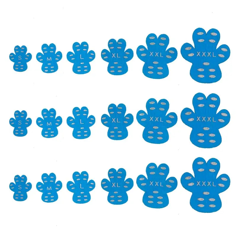 Blue paw-shaped non-slip grip pads in sizes s through xxxl.